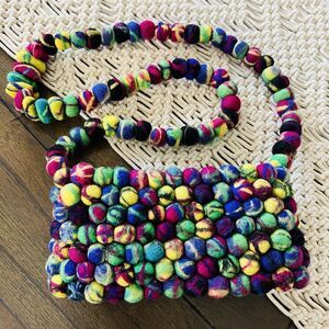 Rising Tide Felted Wool Colorful Pom Pom Mini Bag Purse Y2K Boho Funky